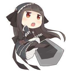Rule 34 | 1girl, apron, armor, bag, black dress, black hair, blush, chibi, dress, female focus, full body, headdress, lolita fashion, long hair, lowres, maid, maid apron, mary janes, navel, open mouth, original, ost, pantyhose, red eyes, ribbon, shoes, simple background, solo, sword, weapon, white background