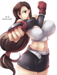 Rule 34 | 1990s (style), 1girl, bare shoulders, belt, breasts, brown hair, female focus, final fantasy, final fantasy vii, fingerless gloves, foreshortening, gloves, haganef, large breasts, long hair, low-tied long hair, midriff, navel, red eyes, retro artstyle, simple background, skirt, solo, tifa lockhart, very long hair, white background