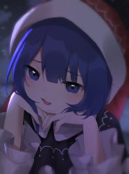Rule 34 | 1girl, absurdres, black shirt, blue eyes, blue hair, blunt bangs, blurry, commentary, depth of field, doremy sweet, english commentary, hair between eyes, hat, head on hand, highres, meme, nightcap, open mouth, pom pom (clothes), red hat, shirt, short hair, slepp, soft focus, solo, touhou, wide sleeves