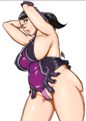 Rule 34 | 1girl, armpits, black hair, breasts, cattleya (queen&#039;s blade), female focus, ganto, glasses, huge breasts, lips, looking at viewer, plump, ponytail, queen&#039;s blade, simple background, solo, thick thighs, thighs