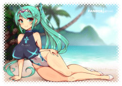 Rule 34 | 1girl, alternate costume, artist name, beach, breasts, chest jewel, competition swimsuit, covered navel, earrings, fanbox username, female focus, gem, greek text, green eyes, green hair, green nails, hair ornament, headpiece, highleg, highleg swimsuit, horn ornament, horns, jewelry, large breasts, long hair, looking at viewer, lying, matching hair/eyes, nail polish, nintendo, ocean, one-piece swimsuit, outdoors, palm tree, pneuma (xenoblade), ponytail, smile, solo, swept bangs, swimsuit, tiara, tree, very long hair, virus-g, white footwear, xenoblade chronicles (series), xenoblade chronicles 2
