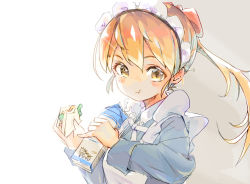 Rule 34 | 1girl, :t, apron, blonde hair, blush stickers, bow, brown eyes, eating, female focus, food, hair bow, holding, holding food, looking at viewer, maid, maid apron, maid headdress, milk, milk carton, nep (nep 76), original, ponytail, red bow, sandwich, solo, upper body