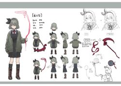 Rule 34 | 1girl, arms at sides, arrow (symbol), belt, black footwear, boots, bow, bow hairband, bowtie, brown footwear, character name, character sheet, chibi, collared shirt, dress, flat chest, full body, green jacket, grey hair, hairband, highres, holding, holding ribbon, holding scythe, jacket, kneehighs, long sleeves, multiple views, open clothes, open jacket, outstretched arms, pinafore dress, project:anemone, purple eyes, ribbon, scythe, shirt, short hair, sleeveless, sleeveless dress, socks, spread arms, standing, teshima nari, translation request, trembling, turnaround, umeka ena, white footwear, white shirt