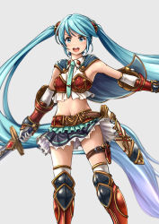 Rule 34 | 1girl, absurdly long hair, aqua eyes, aqua hair, armor, elbow gloves, gauntlets, gloves, greaves, hatsune miku, highres, long hair, midriff, miu (angelo whitechoc), necktie, open mouth, scabbard, sheath, simple background, skirt, solo, sword, thighhighs, twintails, very long hair, vocaloid, weapon