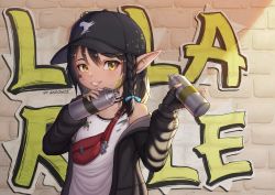 Rule 34 | 1girl, andonoz, warrior of light (ff14), baseball cap, black hair, braid, commentary, commission, english commentary, final fantasy, final fantasy xiv, fingerless gloves, gloves, graffiti, hat, highres, lalafell, looking at viewer, paint on clothes, paint splatter, paint splatter on face, pointy ears, short hair, smile, solo, upper body, yellow eyes