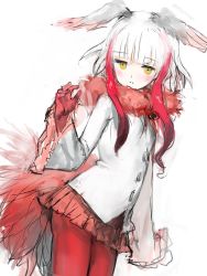 Rule 34 | 10s, 1girl, :|, arm at side, bird tail, blunt bangs, blush, buttons, closed mouth, collar, commentary, cowboy shot, drawstring, expressionless, frilled sleeves, frills, fur collar, gloves, gradient hair, hand up, head wings, japanese crested ibis (kemono friends), jitome, kemono friends, long sleeves, looking at viewer, miniskirt, multicolored hair, pantyhose, pleated skirt, red gloves, red hair, red pantyhose, red skirt, ryuukeichi andromeda, shirt, short hair, short hair with long locks, sidelocks, simple background, sketch, skirt, solo, tail, two-tone hair, white background, white hair, white shirt, wide sleeves, wings, yellow eyes