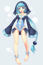 Rule 34 | 1girl, :d, anklet, barefoot, blue eyes, blue hair, clothing cutout, cropped jacket, female focus, full body, habit, halterneck, jewelry, leotard, long hair, matching hair/eyes, navel, navel cutout, open mouth, original, pointy ears, ponytail, sasaame, showgirl skirt, sleeves past wrists, smile, solo, very long hair