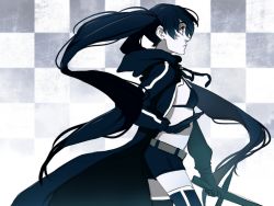 Rule 34 | 10s, 1girl, ayane ninja, bikini, bikini top only, black rock shooter, black rock shooter (character), blue theme, checkered background, coat, from side, long hair, monochrome, pale skin, short shorts, shorts, solo, swimsuit, sword, thighhighs, twintails, very long hair, weapon