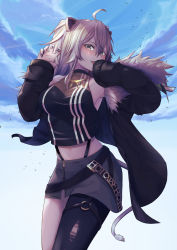 Rule 34 | 1girl, ahoge, animal ears, black jacket, black nails, black pantyhose, black shirt, blue sky, blush, breasts, claw pose, cleavage, commentary, covering own mouth, cowboy shot, crop top, ear piercing, fang, fur-trimmed jacket, fur trim, grey eyes, grey skirt, hair between eyes, hand over own mouth, highres, hololive, jacket, jewelry, large breasts, lion ears, lion girl, lion tail, long hair, looking at viewer, miniskirt, nail polish, necklace, o-ring, o-ring thigh strap, off shoulder, open mouth, pantyhose, partially unzipped, piercing, see-through, see-through cleavage, shirt, shishiro botan, shishiro botan (1st costume), sidelocks, silver hair, single leg pantyhose, skin tight, skirt, sky, sleeveless, sleeveless shirt, smile, solo, tail, thigh strap, torn clothes, torn pantyhose, two side up, tyasuzu, v-shaped eyebrows, virtual youtuber, zipper skirt
