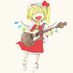 Rule 34 | animated, animated gif, blonde hair, cervus, electric guitar, fang, female focus, flandre scarlet, gibson les paul, guitar, hat, instrument, lowres, ponytail, solo, touhou, vampire, wings