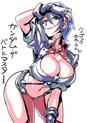 Rule 34 | 1girl, blue hair, breasts, carol youngfan, chaps, character request, cleavage, earrings, fingerless gloves, gloves, gundam, gundam the battle master, jewelry, looking at viewer, navel, open mouth, short hair, simple background, smile, solo, tukiwani, white background, yellow eyes
