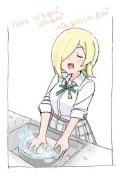 Rule 34 | 1girl, ajapar, blonde hair, bowl, closed eyes, collared shirt, commentary request, dress shirt, earrings, english text, green ribbon, grey skirt, hair over one eye, highres, holding, holding bowl, jewelry, love live!, love live! nijigasaki high school idol club, lyrics, mia taylor, mixing bowl, music, neck ribbon, nijigasaki school uniform, one eye covered, open mouth, plaid, plaid skirt, pleated skirt, ribbon, rice, school uniform, shirt, short hair, singing, skirt, sleeves past elbows, sleeves rolled up, solo, toy doll (love live!), u u, upper body, water, white background, white shirt, winter uniform