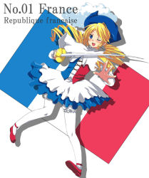 Rule 34 | 1girl, bad id, bad pixiv id, blonde hair, bloomers, blue eyes, dress, drill hair, flag, flag print, france, french flag, futaba 841, hat, mary janes, one eye closed, pantyhose, pop&#039;n music, print dress, rapier, shoes, skirt, solo, sword, twintails, underwear, weapon, white pantyhose, wink
