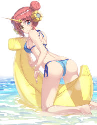 Rule 34 | 1girl, :&lt;, absurdres, arm support, ass, back, banana boat, bare arms, bare shoulders, barefoot, bikini, blue bikini, blue eyes, blue ribbon, blush, breasts, closed mouth, commentary request, double bun, eyes visible through hair, fate/grand order, fate (series), feet out of frame, frankenstein&#039;s monster (fate), frankenstein&#039;s monster (swimsuit saber) (fate), frankenstein&#039;s monster (swimsuit saber) (second ascension) (fate), from behind, hair bun, heterochromia, highres, horns, inflatable banana, kimyo, kneeling, leaning forward, looking back, medium breasts, parted bangs, pink hair, ribbon, see-through silhouette, shallow water, short hair, shoulder blades, side-tie bikini bottom, sideboob, single horn, solo, swimsuit, water, yellow eyes