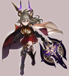Rule 34 | 10s, 1girl, armor, axe, battle axe, boobplate, breastplate, breasts, cape, commentary, fingerless gloves, gloves, granblue fantasy, grey background, grey hair, highres, holding, holding weapon, horns, huge weapon, jumping, large breasts, looking at viewer, medium hair, armored boots, red cape, red eyes, red skirt, simple background, skirt, smile, solo, threo (granblue fantasy), wasabi60, weapon, white cape