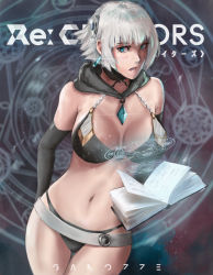 Rule 34 | 1girl, blush, breasts, dark-skinned female, dark skin, earrings, hair ornament, highres, jewelry, large breasts, looking at viewer, meteora osterreich, meteora osterreich (delusion), midriff, navel, re:creators, short hair, shorts, solo, stomach, white hair