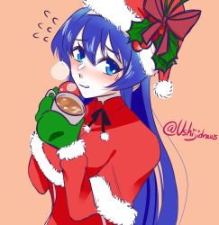 Rule 34 | 1girl, blue eyes, blue hair, blush, cup, hat, highres, holding, holding cup, hot chocolate, long hair, looking at viewer, mistletoe, mittens, nervous smile, orie ballardiae harada, santa costume, santa hat, simple background, smile, solo, twitter username, under night in-birth, under night in-birth exe:late[st], ushijidraws