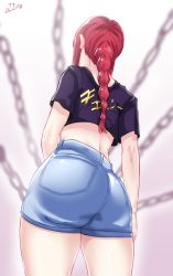 Rule 34 | 1girl, absurdres, alternate costume, ass, braid, chain, chainsaw man, denim, denim shorts, from behind, from below, highres, huge ass, long hair, makima (chainsaw man), o22no, red hair, shiny clothes, shiny skin, short shorts, shorts, single braid, solo