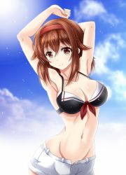 Rule 34 | 1girl, alternate costume, amou yuu, armpits, bare shoulders, bikini, breasts, brown eyes, brown hair, cleavage, cloud, cloudy sky, commentary request, hair between eyes, hair flaps, hairband, hands up, highres, kantai collection, looking at viewer, medium breasts, navel, sailor bikini, sailor collar, shiratsuyu (kancolle), short hair, sky, smile, solo, swimsuit