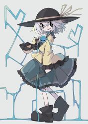 Rule 34 | 1girl, asameshi, black eyes, black footwear, black hat, boots, bright pupils, frilled skirt, frilled sleeves, frills, from side, full body, green skirt, grey background, hand up, hat, hat ribbon, heart, heart of string, highres, holding, holding knife, knife, komeiji koishi, long sleeves, looking at viewer, open mouth, ribbon, shirt, short hair, simple background, skirt, smile, solo, third eye, touhou, white pupils, wide sleeves, yellow ribbon, yellow shirt