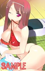 Rule 34 | 1girl, ahoge, bikini, bra, bra in mouth, breasts, clothes in mouth, futon, large breasts, long hair, lowres, lying, mouth hold, navel, on side, one eye closed, original, panties, red eyes, red hair, ryuuta (msxtr), sample watermark, smile, solo, swimsuit, tissue, tissue box, underwear, underwear only, watermark, wink