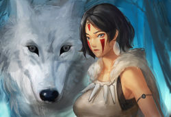 Rule 34 | 1990s (style), 1girl, animal, armlet, black hair, breasts, cape, earrings, facial mark, forest, fur cape, grey eyes, jewelry, large breasts, looking at viewer, mononoke hime, narongchai singhapand, nature, necklace, retro artstyle, san (mononoke hime), studio ghibli, upper body, white wolf, wolf