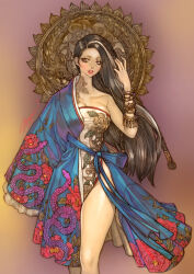 Rule 34 | 1girl, arm out of sleeve, black hair, blue robe, bracelet, braid, breasts, collarbone, commentary, dragon, eastern dragon, eyelashes, feet out of frame, floral print, flower, flower tattoo, hair behind ear, hair tubes, hand up, highres, jewelry, korean clothes, large breasts, long hair, looking at viewer, maggi, multicolored hair, multiple braids, neck tattoo, original, parted lips, purple background, red eyes, red flower, robe, sash, side braid, sideways glance, signature, slit pupils, snake print, solo, standing, strapless, streaked hair, tattoo, two-tone background, underwear, very long hair, white hair, wide sleeves, yellow background