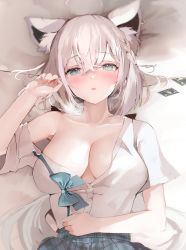 Rule 34 | absurdres, ahoge, animal ear fluff, animal ears, aqua eyes, armpits, blue bow, blue bowtie, blush, bow, bowtie, braid, braided ponytail, breasts, cleavage, collared shirt, ear piercing, fox ears, fox girl, grey skirt, hair between eyes, highres, hololive, hololive gamers, large breasts, long hair, looking at viewer, lying, niku (hamuchang), off shoulder, on back, on bed, open clothes, open mouth, open shirt, piercing, shirakami fubuki, shirt, side braid, single braid, skirt, sweat, virtual youtuber, white hair, white shirt