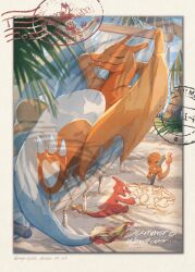 Rule 34 | border, charizard, charmander, charmeleon, claws, closed eyes, commentary, creatures (company), dated, day, drawing, evolutionary line, fangs, fangs out, game freak, gen 1 pokemon, hammock, highres, lying, mo~zu, nintendo, no humans, outdoors, pokemon, pokemon (creature), postcard, sand, smile, symbol-only commentary