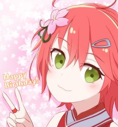 Rule 34 | 1girl, :3, ahoge, bare shoulders, blush, closed mouth, floral background, flower, green eyes, hair flower, hair ornament, hairclip, happy birthday, hololive, looking at viewer, nogi (nogi238), nontraditional miko, pink background, portrait, red hair, sakura miko, sakura miko (old design), short hair, smile, solo, v, virtual youtuber