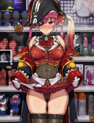 Rule 34 | 1girl, aburisamon, bare shoulders, blush, breasts, cameltoe, clothes lift, covered erect nipples, dildo, epaulettes, eyepatch, gloves, groin, hat, heart, heart-shaped pupils, highres, hololive, houshou marine, leotard, lifting own clothes, looking at viewer, lotion bottle, navel, off shoulder, panties, pink panties, pirate hat, pleated skirt, purple hair, see-through, sex toy, skirt, skirt lift, solo, sweatdrop, symbol-shaped pupils, tenga, twintails, underwear, virtual youtuber, white gloves