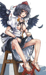 Rule 34 | 1girl, black hair, black wings, breasts, breasts out, chair, clothes lift, collared shirt, dress, full body, geta, hat, highres, ladder, leaf print, looking at viewer, nipples, no bra, open clothes, open mouth, open shirt, shameimaru aya, shirt, short hair, simple background, sitting, skirt, skirt lift, small breasts, smile, solo, stepladder, tengu-geta, toes, tokin hat, touhou, tsurime, white background, white dress, wings, wristband, yellow eyes, yossyzero