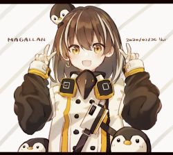 Rule 34 | 1girl, animal, animal on head, arknights, baby penguin, bird, brown eyes, brown hair, character name, coat, dated, double v, earrings, figmnts, gloves, jewelry, magallan (arknights), multicolored hair, on head, penguin, single earring, smile, solo, streaked hair, v, white gloves, winter clothes, winter coat