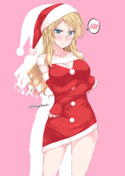 Rule 34 | 1girl, alternate costume, blonde hair, blue eyes, blush, breast hold, breasts, cleavage, commentary request, frown, hat, kantai collection, large breasts, long hair, looking at viewer, mikage takashi, nelson (kancolle), santa costume, santa hat, silhouette, solo, spoken blush, twitter username