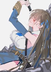 Rule 34 | 1girl, 1mayusibayu, belt, belt pouch, black gloves, blood, blood on face, blue necktie, blue ribbon, blue sleeves, breasts, brown belt, brown hair, collared shirt, detached sleeves, gloves, goddess of victory: nikke, hair ribbon, holding, holding weapon, large breasts, long hair, marian (nikke), necktie, pouch, ribbon, shirt, sketch, sleeveless, sleeveless shirt, solo, weapon
