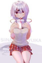 Rule 34 | 1girl, blush, breasts, bubble tea, bubble tea challenge, character name, closed mouth, cup, disposable cup, drinking straw, hair between eyes, hair ornament, hairclip, hands up, highres, long hair, low ponytail, medium breasts, moti yousei, nijisanji, object on breast, ponytail, red eyes, red ribbon, red skirt, ribbon, school uniform, shiina yuika, shirt, short sleeves, silver hair, sitting, skirt, solo, sweater vest, very long hair, virtual youtuber, white background, white shirt