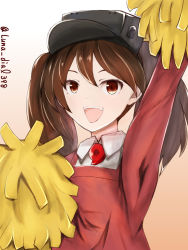 Rule 34 | 1girl, brown eyes, brown hair, commentary request, dress shirt, gradient background, highres, japanese clothes, kantai collection, kariginu, ld (luna dial398), looking at viewer, magatama, one-hour drawing challenge, pom pom (cheerleading), red background, red shirt, ryuujou (kancolle), shirt, smile, solo, twintails, twitter username, upper body, visor cap, white background, white shirt