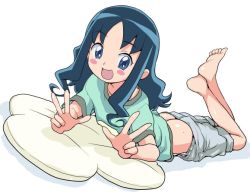 Rule 34 | 10s, 1girl, :d, ass, barefoot, blue eyes, blue hair, blush stickers, clothes pull, double v, feet, heartcatch precure!, heriyama, kurumi erika, legs up, long hair, lying, matching hair/eyes, no panties, on stomach, open mouth, pants, pants pull, precure, shorts, shorts pull, smile, solo, v