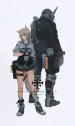 Rule 34 | 1boy, 1girl, animal ears, artist name, bandaged leg, bandages, black necktie, braid, brown hair, cargo shorts, cat ears, character request, cigarette, cross, elbow gloves, english text, fire, gloves, grey gloves, hair ribbon, helmet, highres, looking at viewer, looking away, miv4t, necktie, original, ribbon, short hair, short sleeves, shorts, text focus, white ribbon, yellow eyes