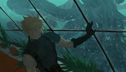 Rule 34 | 1boy, animal, armor, black gloves, blonde hair, closed mouth, cloud strife, dutch angle, final fantasy, final fantasy vii, glass, gloves, green eyes, hair between eyes, iohmzgd, male focus, pauldrons, plant, potted plant, shoulder armor, single pauldron, sketch, smile, tentacles, water