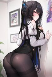 Rule 34 | 1girl, ass, black hair, black panties, black pantyhose, blue hair, breasts, colored inner hair, demon horns, highres, hololive, hololive english, horn flower, horns, indoors, koahri, lace, lace-trimmed panties, lace trim, large breasts, lips, long hair, long sleeves, looking at viewer, multicolored hair, nerissa ravencroft, nerissa ravencroft (1st costume), panties, panties under pantyhose, pantyhose, picture frame, plant, poster (object), potted plant, red eyes, ribbed shirt, shirt, smile, solo, thick thighs, thighband pantyhose, thighs, two-tone hair, underwear, virtual youtuber, white shirt