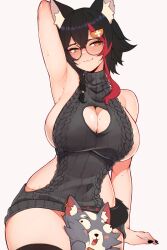 Rule 34 | 1girl, animal ear fluff, animal ears, arm up, armpits, arms behind head, between legs, black hair, black nails, black sweater, blush, breasts, brown eyes, cleavage, cleavage cutout, clothing cutout, cowboy shot, glasses, highres, hololive, large breasts, meme attire, miofa (ookami mio), multicolored hair, ookami mio, red hair, round eyewear, sideboob, simple background, sleeveless, sleeveless sweater, solo, streaked hair, sweat, sweater, turtleneck, turtleneck sweater, varniskarnis, virgin killer sweater, virtual youtuber, white background, wolf ears