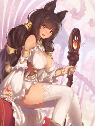 Rule 34 | 1girl, animal ears, bare shoulders, blush, bracelet, breasts, brown eyes, brown hair, cat ears, cat girl, cleavage, detached sleeves, fang, female focus, hair ornament, highres, jewelry, large breasts, long hair, looking at viewer, open mouth, original, sitting, smile, solo, staff, thighhighs, very long hair, white thighhighs, yaman (yamanta lov)