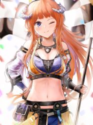 Rule 34 | 1girl, ;), absurdres, arknights, bad id, bad pixiv id, bagpipe (arknights), bagpipe (queen i) (arknights), bagpipe (queen no. 1) (arknights), bare shoulders, black gloves, blue eyes, blue shorts, breasts, checkered flag, cleavage, clothing cutout, commentary request, cowboy shot, crop top, fingerless gloves, flag, gloves, hachiko (0088), highres, holding, holding flag, horns, long hair, long sleeves, looking at viewer, midriff, navel, official alternate costume, one eye closed, orange hair, partial commentary, pouch, short shorts, shorts, shoulder cutout, small breasts, smile, solo, standing, stomach