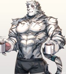 Rule 34 | 1boy, abs, animal ears, arknights, bara, black male underwear, boxers, bulge, coffee mug, cup, feet out of frame, furry, furry male, graysheartart, highres, holding, holding cup, large pectorals, looking at viewer, male focus, male underwear, mountain (arknights), mug, muscular, muscular male, navel, navel hair, nipples, pectorals, scar, scar across eye, scar on face, short hair, smile, solo, steam, stomach, tiger boy, tiger ears, underwear, underwear only, white fur, white hair