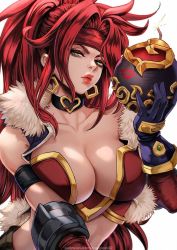 Rule 34 | 1girl, battle chasers, bra, breasts, cleavage, earrings, green eyes, huge breasts, jewelry, long hair, midriff, red hair, red monika, revealing clothes, solo, underwear