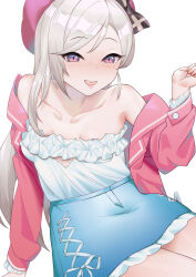 Rule 34 | 1girl, absurdres, beret, black bow, blue archive, blue skirt, blush, bow, breasts, collarbone, commentary request, cowboy shot, frilled shirt, frilled skirt, frills, grey hair, hat, hat bow, highres, jacket, long hair, long sleeves, looking at viewer, mahjong soul, medium bangs, mutsuki (blue archive), open clothes, open jacket, open mouth, pink eyes, pink hat, pink jacket, reclining, shirt, simple background, skirt, small breasts, smile, solo, strapless, strapless shirt, swept bangs, teeth, upper teeth only, white background, white shirt, yinsan usaki