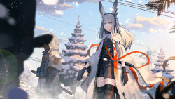 Rule 34 | 1girl, 1other, absurdres, animal ears, arknights, belt, black belt, black gloves, black hairband, blue sky, chinese commentary, cloud, coat, commentary request, cowboy shot, day, frostnova (arknights), gloves, grey eyes, hairband, highres, long sleeves, open clothes, open coat, outdoors, rabbit ears, reunion soldier (arknights), scar, scar on face, scar on nose, shano dongxi, silver hair, sky, standing, thighhighs, thighs, tree, white coat, wide sleeves, zettai ryouiki