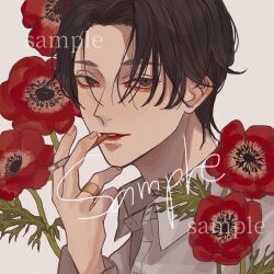 Rule 34 | 1boy, black hair, brown eyes, cigarette, collared shirt, commission, fingernails, flower, hand up, holding, holding cigarette, jewelry, kagoya1219, long sleeves, looking at viewer, male focus, original, parted hair, parted lips, poppy (flower), portrait, red flower, ring, sample watermark, shirt, short hair, smoking, solo, watermark, white background, white shirt