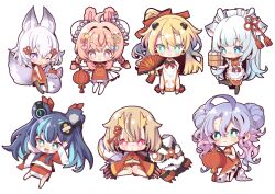 Rule 34 | 6+girls, ahoge, alternate costume, amanogawa shiina (artist), animal ear fluff, animal ears, antlers, apron, baozi, bear ears, bear girl, blonde hair, blue bow, blue eyes, blue hair, bow, bowtie, braid, breasts, bright pupils, bun cover, chibi, china dress, chinese clothes, claws, cleavage, cleavage cutout, clothing cutout, deer antlers, deer ears, deer girl, double bun, dragon claw, dragon girl, dragon horns, dress, earrings, enmaided, flat chest, food, fox girl, fox tail, frilled apron, frills, fujikura uruka, green eyes, grey hair, hair bow, hair bun, hair ornament, hakushika iori, hand fan, heart, heart hair ornament, highres, holding, holding fan, horns, jewelry, lantern, long hair, maid, maid apron, maid headdress, medium breasts, multicolored hair, multiple girls, one eye closed, open mouth, paper fan, paper lantern, phase connect, pink bow, pink eyes, pink hair, pipkin pippa, purple eyes, purple hair, rabbit ears, rabbit girl, rabbit hair ornament, red bow, red bowtie, red dress, rinkou ashelia, shisui michiru (phase connect), standing, standing on one leg, star-shaped pupils, star (symbol), star earrings, streaked hair, symbol-shaped pupils, tail, tenma maemi, theo (tenma maemi), twin braids, utatane nasa, virtual youtuber, white apron, white dress, white pupils